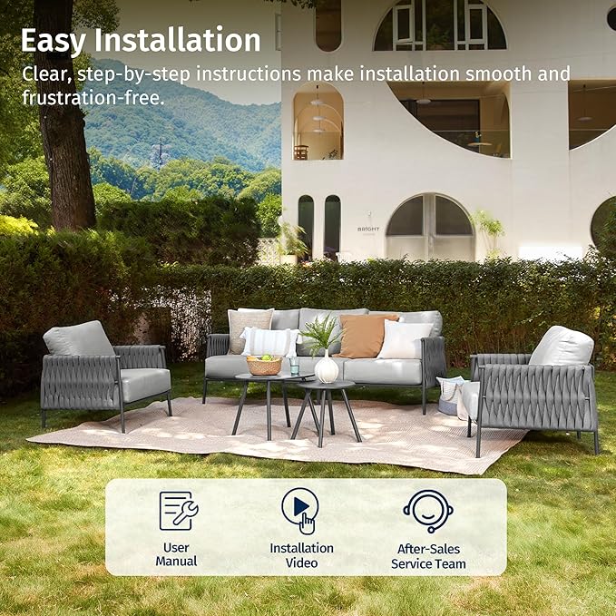 EAST OAK 5-Piece Patio Furniture Set | Life Chatter 5-Seat Outdoor Furniture | Deep Seating & Two Coffee Tables | Waterproof Extra-Thick Cushions | Porch, Balcony & Backyard | Earth Black & Misty Grey