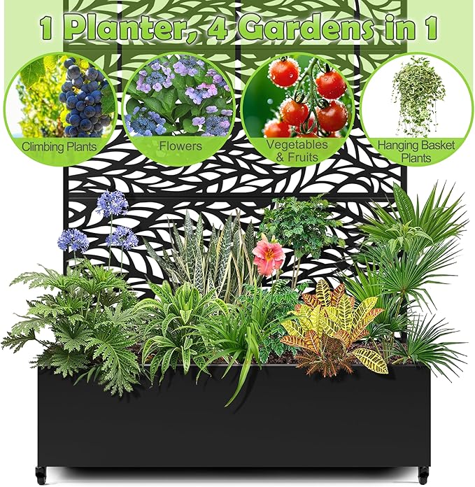 15.7"×70.9"×47.2" Metal Raised Garden Bed with Trellis and Wheels - Tall Trellis Planter Box for Climbing Plants, Vegetables & Vines - Outdoor Privacy Planters for Patio (Black-Spring)