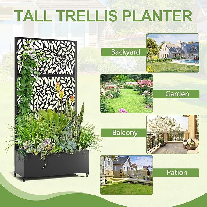 Raised Garden Bed with Trellis and Wheels,73"x35"x16" Metal Raised Garden Bed,Black Flowing Leaf-2 Metal Planter with Climbing Trellis for Vines & Vegetables