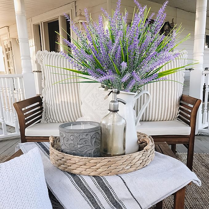 Uieke 6pcs Outdoor Artificial Lavender Plants, 14.5in UV Resistant 3PCS Fake Lavender Flowers with 3 PCS Faux Grass Greenery Stems for Home Kitchen Hanging Planter Garden Patio Décor Purple