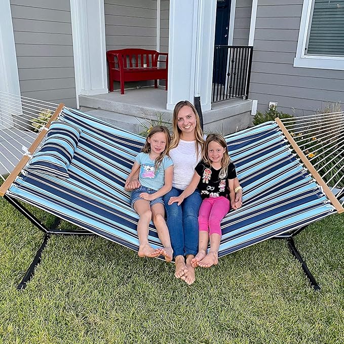 Lazy Daze Hammocks 12FT Quilted Fabric Hammock with Pillow, Double 2 Person Hammock with Spreader Bar for Outdoor Outside Patio Garden Yard Pool Beach,450lbs Weigh Capacity QFH034