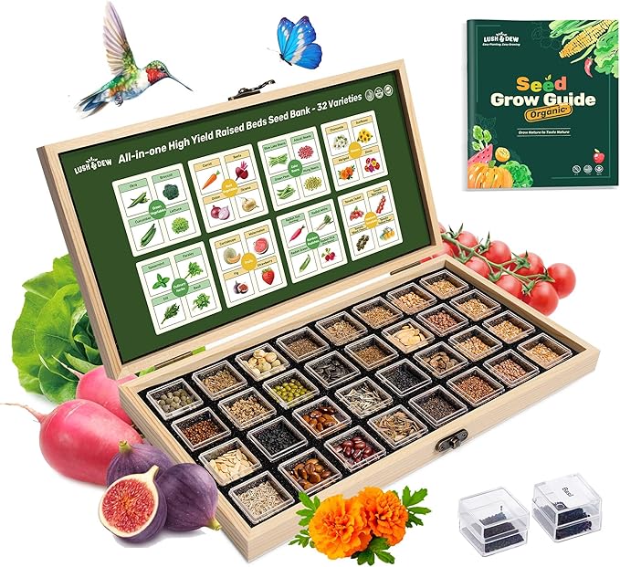 Lush&Dew Raised Garden Beds Heirloom Seed Bank, 32 Varieties 30,000+ Non-GMO Fall Garden Seeds of Vegetables Herbs Fruits, Gardening Gifts for Women Men, Emergency Supplies Survival Seed Kit