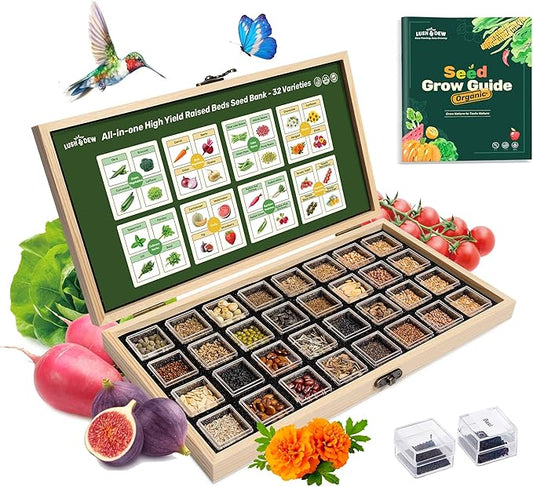 Lush&Dew Raised Garden Beds Heirloom Seed Bank, 32 Varieties 30,000+ Non-GMO Fall Garden Seeds of Vegetables Herbs Fruits, Gardening Gifts for Women Men, Emergency Supplies Survival Seed Kit