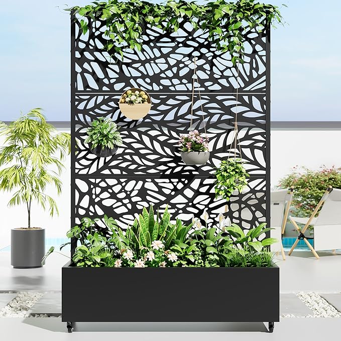 Casaphoria Metal Raised Garden Bed with Trellis and Wheels, 72"x 47"x 16" Planter Box for Climbing Plants, Vegetables & Vines, Features Drainage Holes and Privacy Screen,Black(Black-Spring&Net)