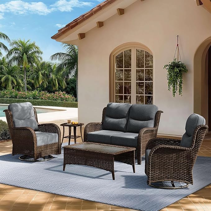 HILLGA Luxury Patio Furniture Set with 6-Inch Thick Cushions, High Back Outdoor Swivel Rocker Chairs and Patio Loveseat, 5-Piece All Weather Conversation Set for Porch Deck Pool Yard, Dark Grey (V3)
