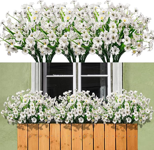 15 Bundles Artificial Flowers Outdoor UV Resistant Fake Silk Plants Plastic Faux Shrubs Outside Front Porch Window Box Garden Home Hanging Planter Decoration (White)