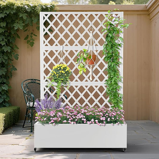 Metal Planter Box with Trellis, Heavy-Duty Raised Garden Bed for Climbing Plants, Drainage Hole, Outdoor Planter Box with Privacy Screen，47''L×16''W×71''H