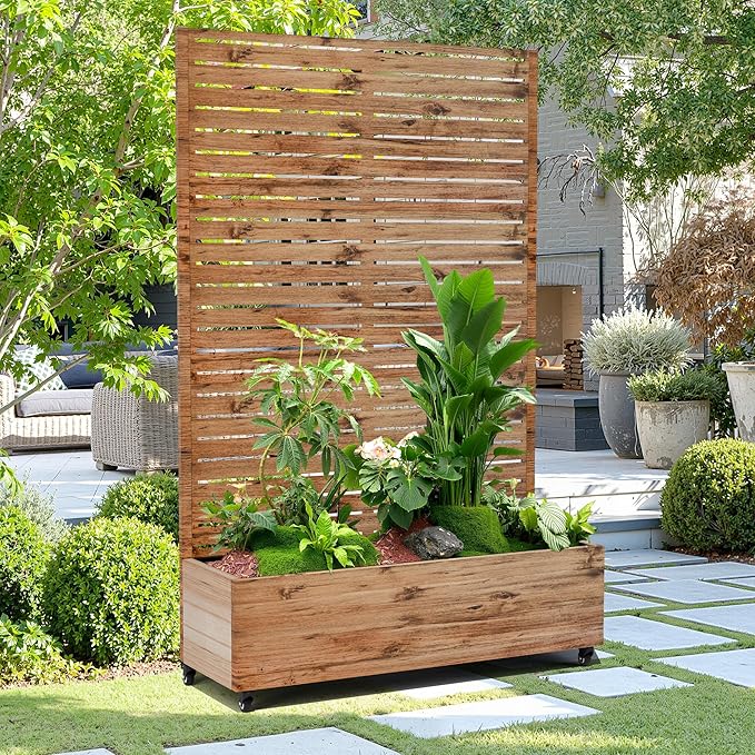 15.7"×70.9"×47.2" Metal Raised Garden Bed with Trellis and Wheels - Tall Trellis Planter Box for Climbing Plants, Vegetables & Vines - Outdoor Privacy Planters for Patio (Natural Wood Grain)