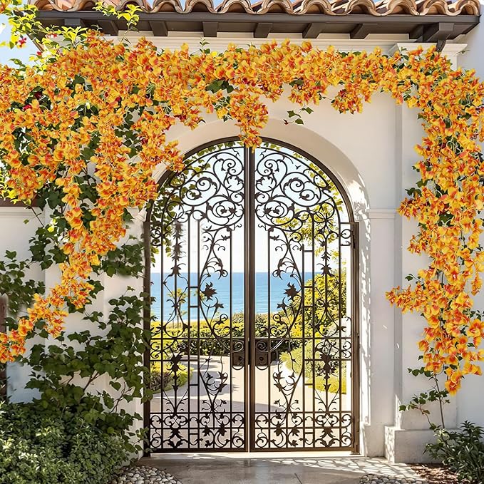 2 Pcs Artificial Bougainvillea Flowers Garland Fake Silk Bougainvilleas Vines Trailing Orange Faux Hanging Flowers Plants Bougainvillea Artificial for Porch Wedding Arch Spring Summer Decor
