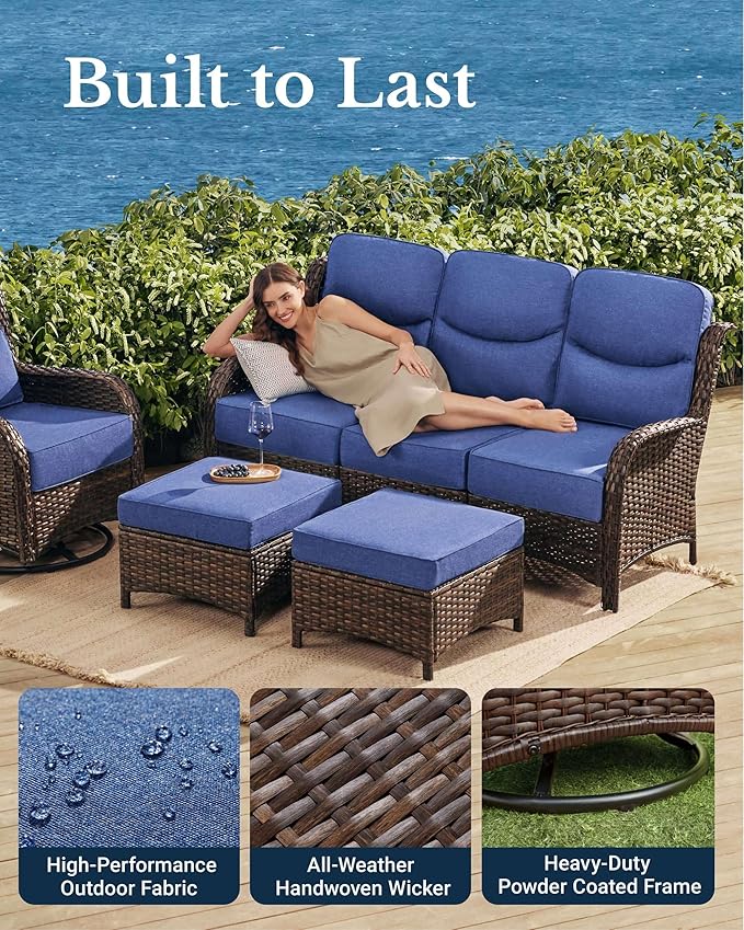 HILLGA Luxury Patio Furniture Set with 6-Inch Thick Cushions, High Back Outdoor Swivel Rocker Chairs and Patio Couch, 13-Piece All Weather Conversation Set for Porch Deck Pool Yard, Blue (V3)