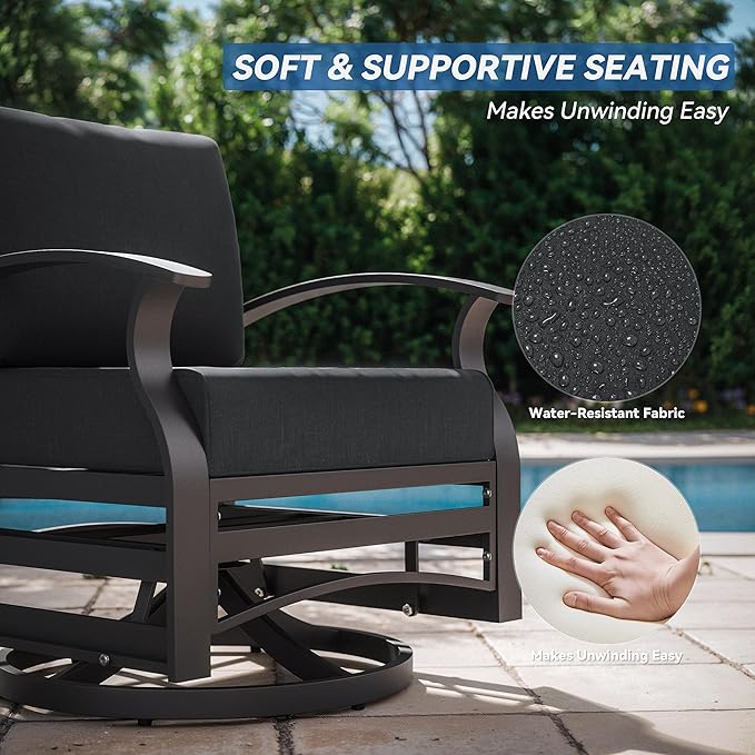 Kurapika 5 Piece Modern Metal Outdoor Conversation Sets, Patio Furniture Set, 4 Aluminum Swivel Chairs w/48in Round Propane Fire Pit Table and Thickened Cushions, Black