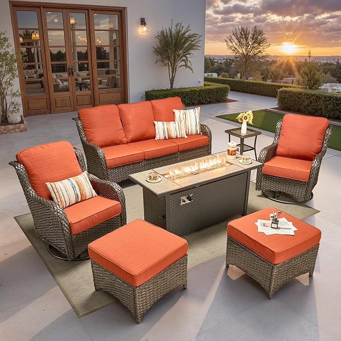 ovios 7 Pieces Patio Furniture Set, Outdoor Wicker Sofa Couch with Swivel Chairs 54" Fire Pit Table, All Weather High Back Modern Conversation Sets, Brown Rattan, Orange Red
