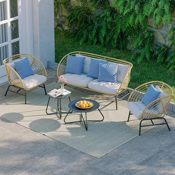 Grand patio 5-Piece Boho Outdoor Furniture Set, Wicker Sofa Set with Beige Thick Cushions and 2 Coffee Tables, Conversation Set for Backyard,Balcony,Poolside