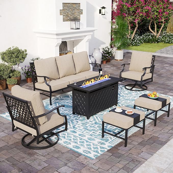 Patio Furniture Set with Firepit Table, Metal Outdoor Patio Furniture, 2 Swivel Chairs, 3 Seater Sofa, 2 Ottomans with 5.75" Extra Thick Cushion and Gas Firepit Table for Backyard Deck