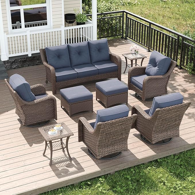 LayinSun 9 Piece Wicker Outdoor Furniture Set with 6-inch Comfy Cushions, High Back Patio Furniture Set with Swivel Rocking Chairs and Side Table
