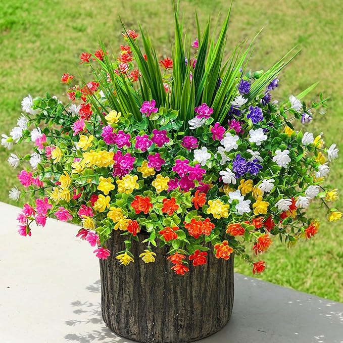 Ivydale Artificial Flowers Plants for Outdoors Decoration, 10 Bundles Fake Plastic Colorful Flowers with Ferns UV Resistant Faux Greenery Bushes Shrubs for Home Porch Patio Garden