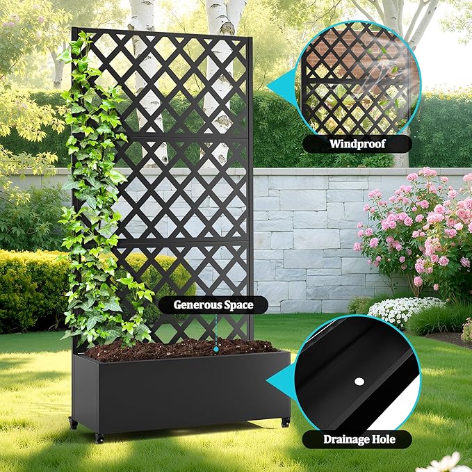Metal Planter Box with Trellis, Planter Box with Privacy Screen, Privacy Trellis Outdoor for Climbing Plants with Drainage Holes, Raised Garden Bed with Wheels