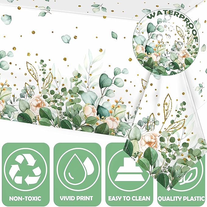 Sage Green Eucalyptus Leaf Tablecloth for Baby Shower Party Decoration Disposable Plastic Sage Greenery Tablecloth Table Cover Boho Woodland Neutral Baby Shower Wedding Party 54 x 108IN (3, Greenery)