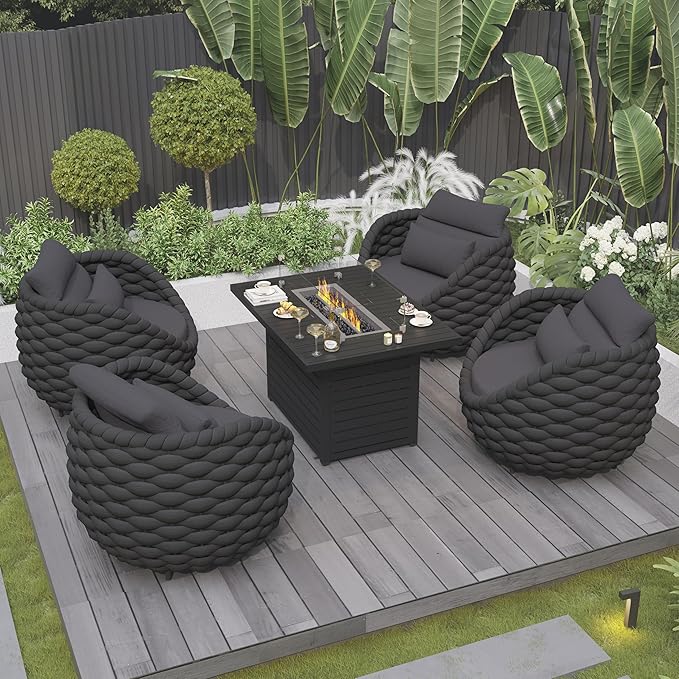 6 Pcs Patio Rope Accent Chair: Aluminum Single Lounge Armchair - Large Woven Chair Cushioned - Modern Arm Chair Assembled for 400lbs Outdoor Lanai Deck Balcony Porch Yard Garden Hotel, Dark Gray