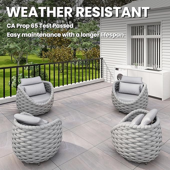 4 PCS Patio Deck Accent Chair: Large Woven Rope Chair Cushioned - Aluminum Modern Single Lounge Armchair Assembled - All Weather Outdoor Seating for 400lbs Lanai Balcony Porch Garden Hotel, Gray