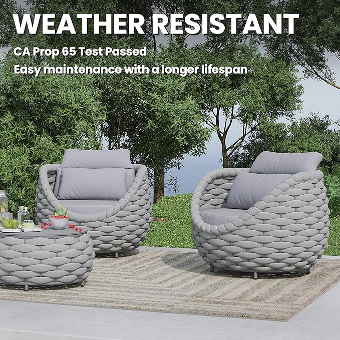 2 PCS Patio Deck Accent Chair: Large Woven Rope Chair Cushioned - Aluminum Modern Single Lounge Armchair Assembled - All Weather Outdoor Seating for 400lbs Lanai Balcony Porch Garden Hotel, Gray