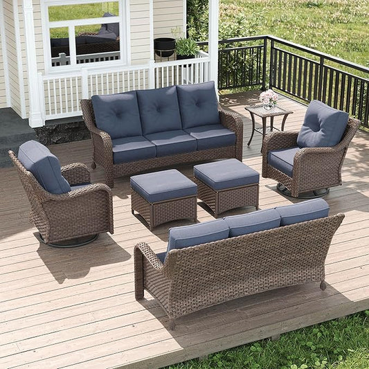 LayinSun 7 Piece Wicker Outdoor Furniture Set with 6-inch Comfy Cushions, High Back Patio Furniture Set with Swivel Rocking Chairs and Side Table