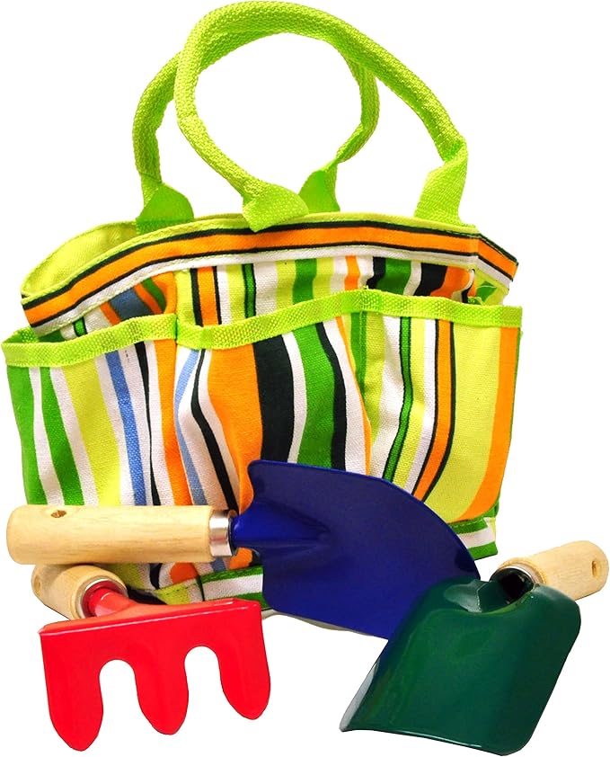 G & F 10012 JustForKids Kids Garden Tools Set with Tote hand rake shovel trowel,Assorted