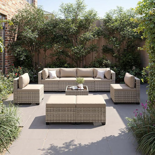 9-Piece Patio Furniture Set, Outdoor with Ottomans, Modular Patio Sofa, Dual-Strand Wicker Rattan, Rust-Resistant Frame, Backyard Furniture for Garden, Deck, Sand