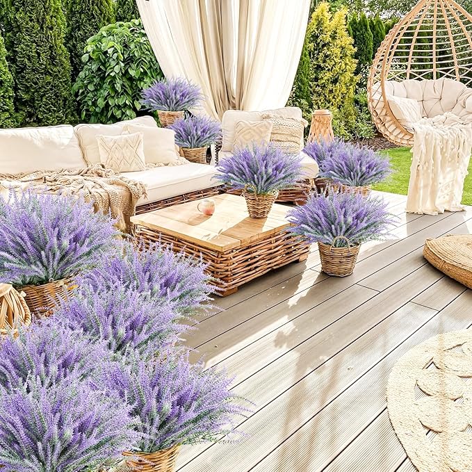 30 Bundles Artificial Lavender Outdoor, 14.5" UV Resistant Faux Plants Outdoor Greenery Stems No Fade Plastic Fake Flowers for Window Garden Office Patio Porch Decor