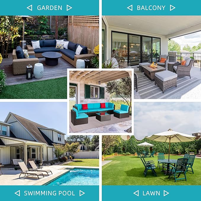 Shintenchi 7 Pieces Patio Furniture Sets Outdoor All-Weather Sectional Patio Sofa Set PE Rattan Manual Weaving Wicker Patio Conversation Set with Glass Table&Ottoman Cushion and Red Pillows, Blue