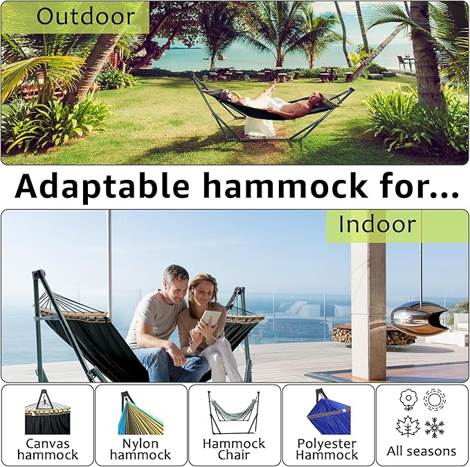 Tranquillo Universal Hammock with Stands Electro Static Coated Steel, Adjustable Foldable Hammock Stand with 2 Layered Polyester Net and Carry Bag for 2 Persons (Canvas - Black)