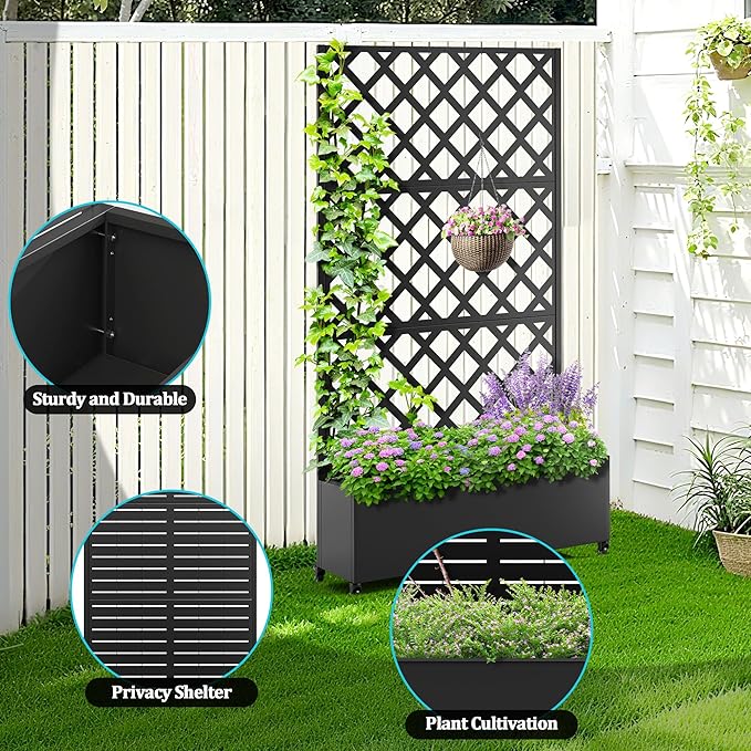 Metal Planter Box with Trellis, Planter Box with Privacy Screen, Privacy Trellis Outdoor for Climbing Plants with Drainage Holes, Raised Garden Bed with Wheels