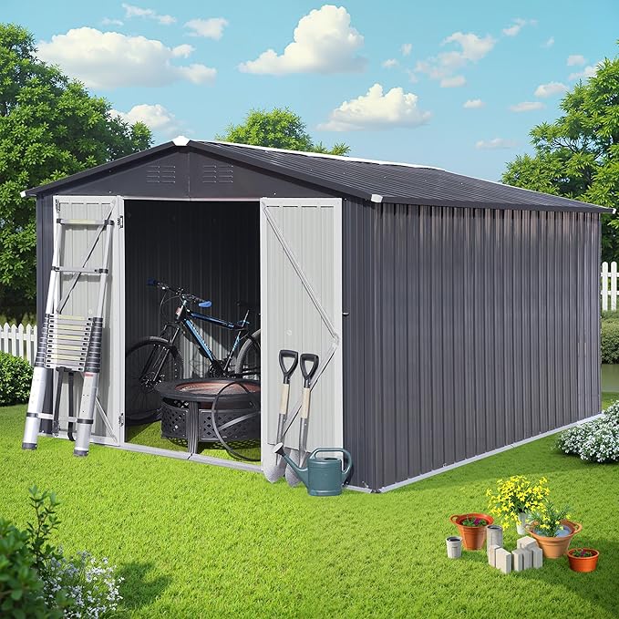 Sheds & Outdoor Storage 12 ft × 10 ft Storage Shed Large Classic Apex Roof Metal Garden Storage Sheds with Hinged Door Tool Cabinet for Backyard, Patio, Poolside, Dark Gray