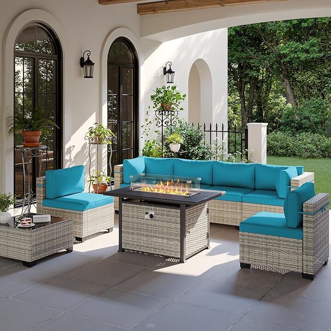 8-Piece Modern Patio Conversation Set with 55,000 BTU Fire Pit Table, Thick Cushions, Dual-Strand Wicker Rattan, Rust-Resistant Frame, Lake Blue