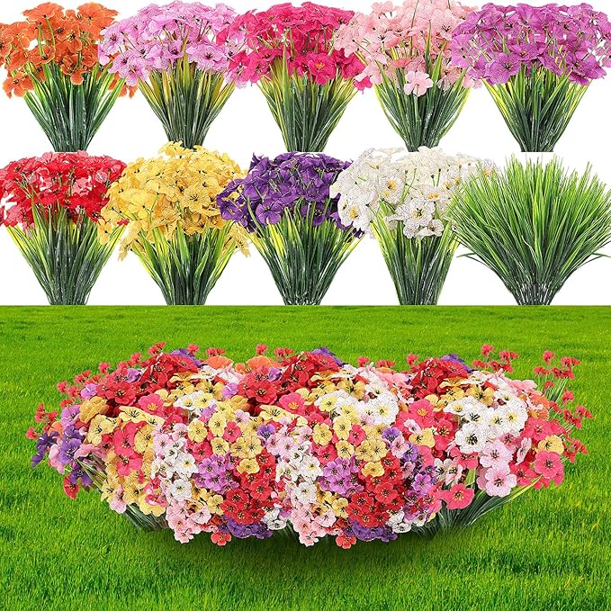 Lyrow 100 Bundles Violet Artificial Flowers, UV Resistant Faux Flowers Outdoor, Faux Silk Flowers, Fake Violet Flowers Bulk for Front Porch Hanging Garden Courtyard Farmhouse Home(Classic Colors)