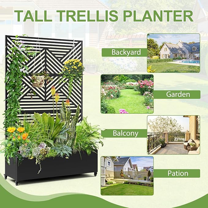 Raised Garden Bed with Trellis and Wheels,73"x47"x16" Metal Raised Garden Bed,Black Diamond Metal Planter with Climbing Trellis for Vines & Vegetables