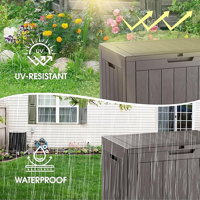 NUNU LAB 32 Gallon Resin Outdoor Storage Box 2 Pack Waterproof Deck Box for Patio Cushions, Garden Tools, Pool Accessories,Backyard Storage Bin,Grey