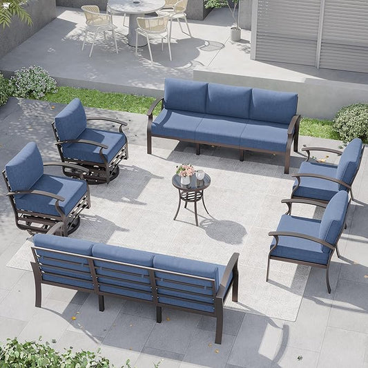 Kurapika Aluminum Patio Furniture Set 10-Seat Modern Metal Outdoor Conversation Sets w/Swivel Rocking Chairs Patio Sectional Sofa w/5.1 Inch Cushion, Navy Blue