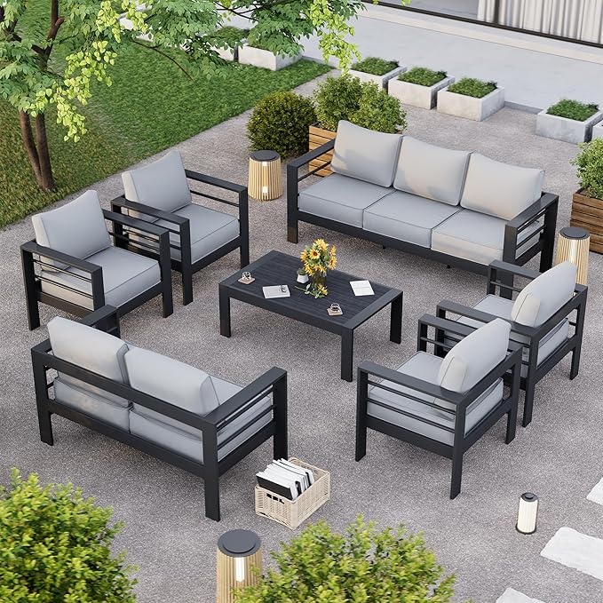 Aluminum Patio Furniture Set, 10 Piece Metal Outdoor Furniture Set, Patio Set with Waterproof Covers for Backyard Garden（Dark Grey&Light Grey）