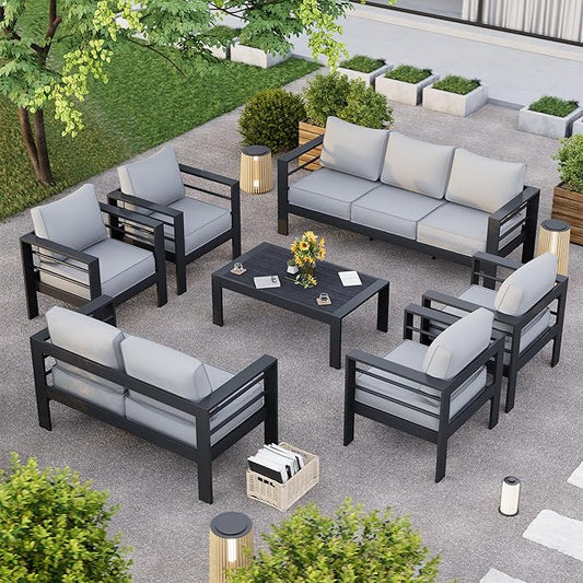 Aluminum Patio Furniture Set, 10 Piece Metal Outdoor Furniture Set, Patio Set with Waterproof Covers for Backyard Garden（Dark Grey&Light Grey）