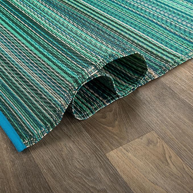 Rugshop Contemporary Stripe Reversible Crease-Free Waterproof Premium Recycled Plastic Outdoor Rugs for Patio,Backyard,RV,Deck,Picnic,Trailer,Beach,Camping Blue 5' x 7'