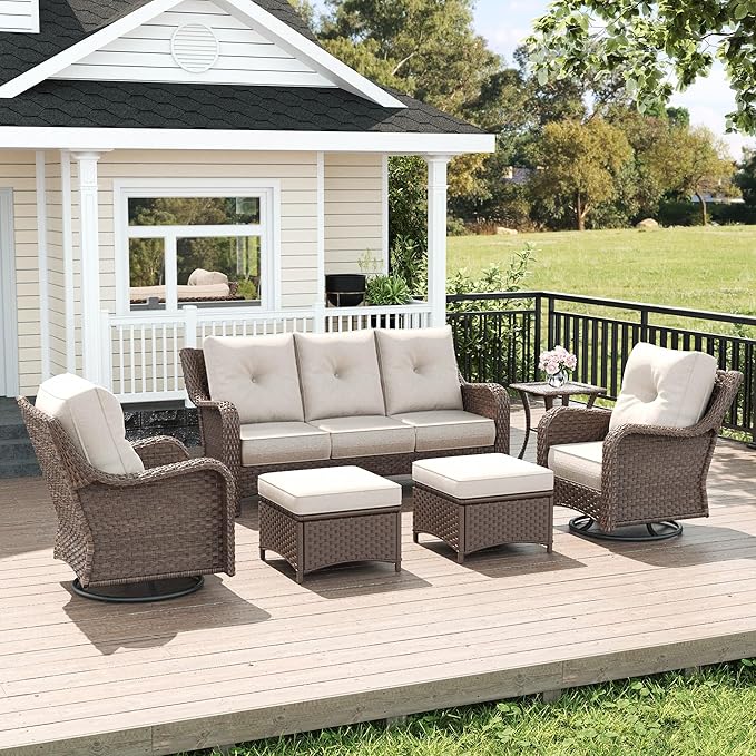 LayinSun 6 Piece Wicker Outdoor Furniture Set with 6-inch Comfy Cushions, High Back Patio Furniture Set with Swivel Rocking Chairs and Side Table