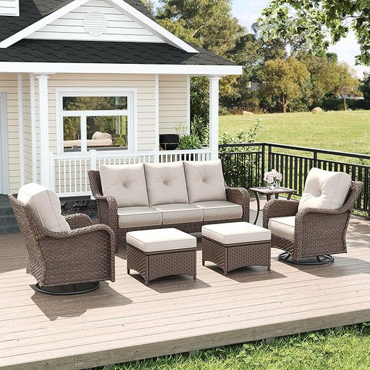 LayinSun 6 Piece Wicker Outdoor Furniture Set with 6-inch Comfy Cushions, High Back Patio Furniture Set with Swivel Rocking Chairs and Side Table