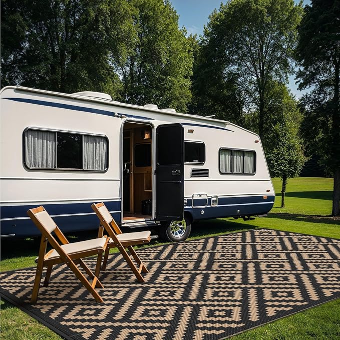 GENIMO Outdoor Rug for Patio Clearance, 10'x14' Waterproof Large Camping Mat, Reversible Plastic Straw Rugs for RV, Camper, Balcony, Backyard, Picnic, Deck (Black & Brown)