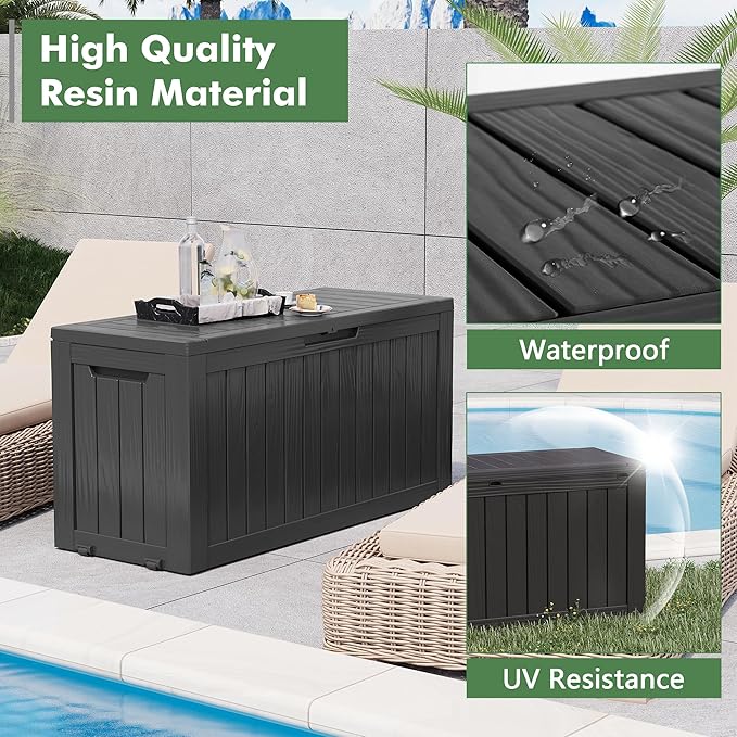 NUNU LAB 76 Gallon Deck Box, Large Resin Outdoor Storage Box, Waterproof Patio Storage Container with Double Wall Panels for Cushions, Garden Tools, Pool Toys, and Packages