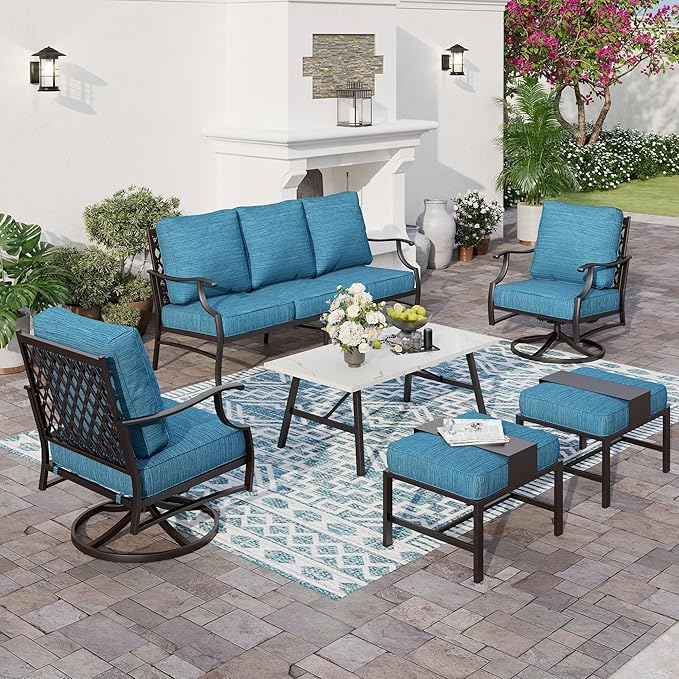 6 Piece Metal Outdoor Patio Furniture Set, Patio Conversation Sets 3-seater Sofa, 2 Swivel Chair, 2 Ottomans with 5.75" Thick Cushion and Coffee Table, Black Backyard Furniture, Blue-2