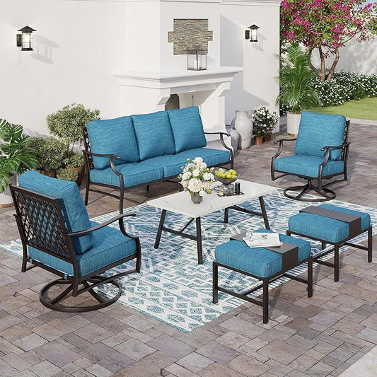 6 Piece Metal Outdoor Patio Furniture Set, Patio Conversation Sets 3-seater Sofa, 2 Swivel Chair, 2 Ottomans with 5.75" Thick Cushion and Coffee Table, Black Backyard Furniture, Blue-2
