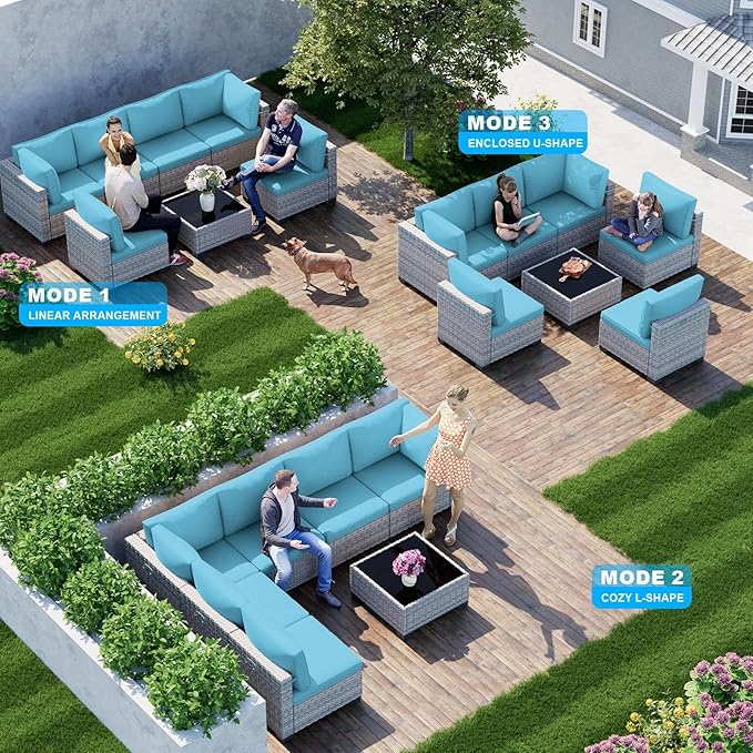 7-Piece Patio Furniture Set, Outdoor Sectional with Thick Cushions, Modular Patio Sofa, Dual-Strand Wicker Rattan, Rust-Resistant Frame, Backyard Furniture for Garden, Deck, Blue