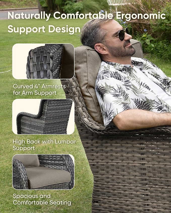 7-Piece Outdoor Wicker Patio Furniture Set with Swivel Glider Chairs,Loveseat, Coffee Table & Ottomans 5” Olefin Cushions Ergonomic Neck-Lumbar Backrest All-Weather Rattan for Garden, Deck, Porch