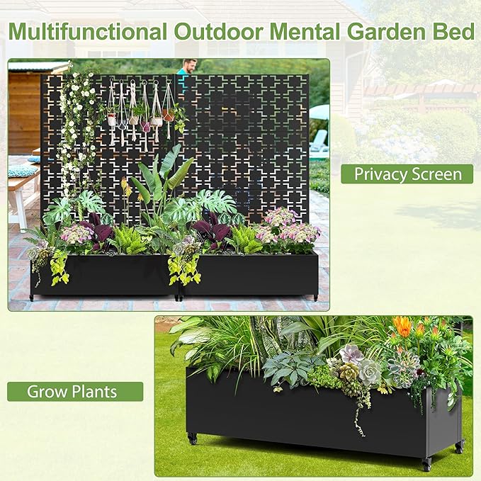 Raised Garden Bed with Trellis and Wheels,73"x47"x16" Metal Raised Garden Bed,Black Squared Metal Planter with Climbing Trellis for Vines & Vegetables